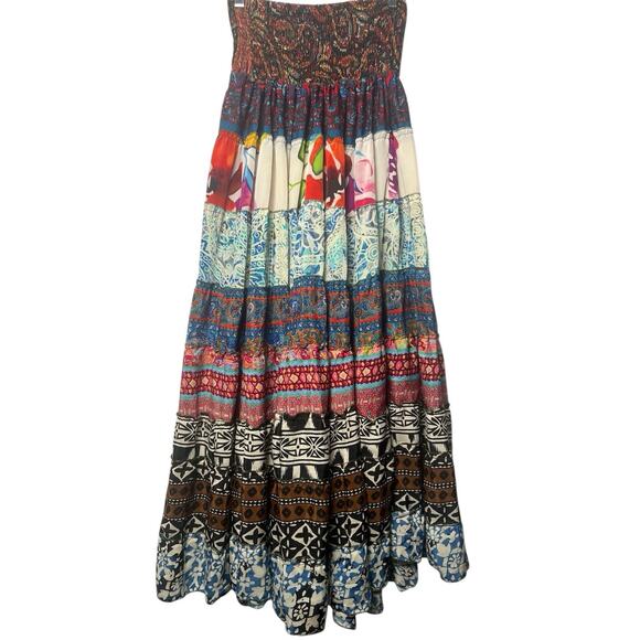 Recycled Silk Blend Floral Patchwork Tiered Ruffle Skirt Free Sz Gypsy Boho - Picture 1 of 8